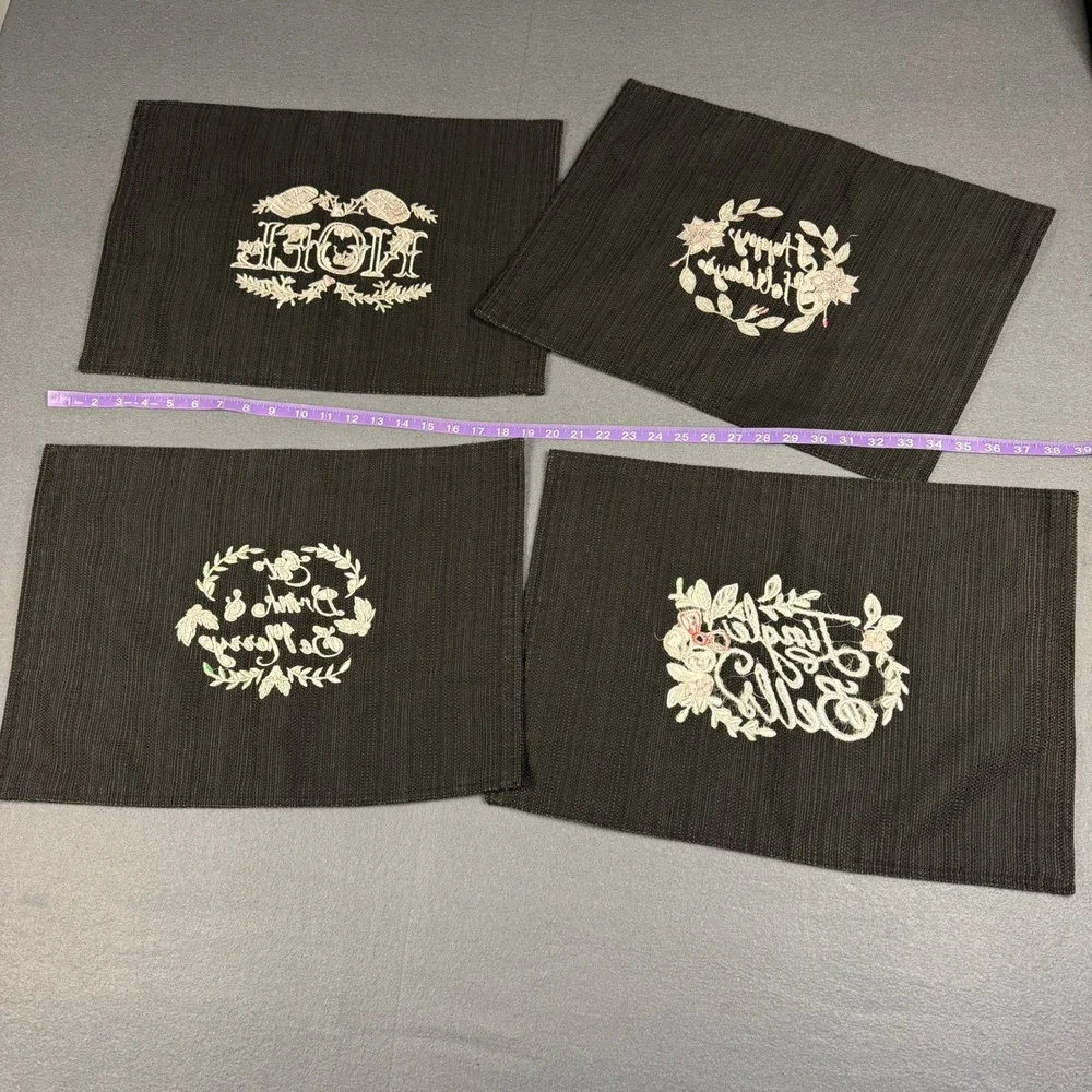 Lot of 4 Christmas Black Dark Fabric Rectangular Placemats Cursive Metallic READ